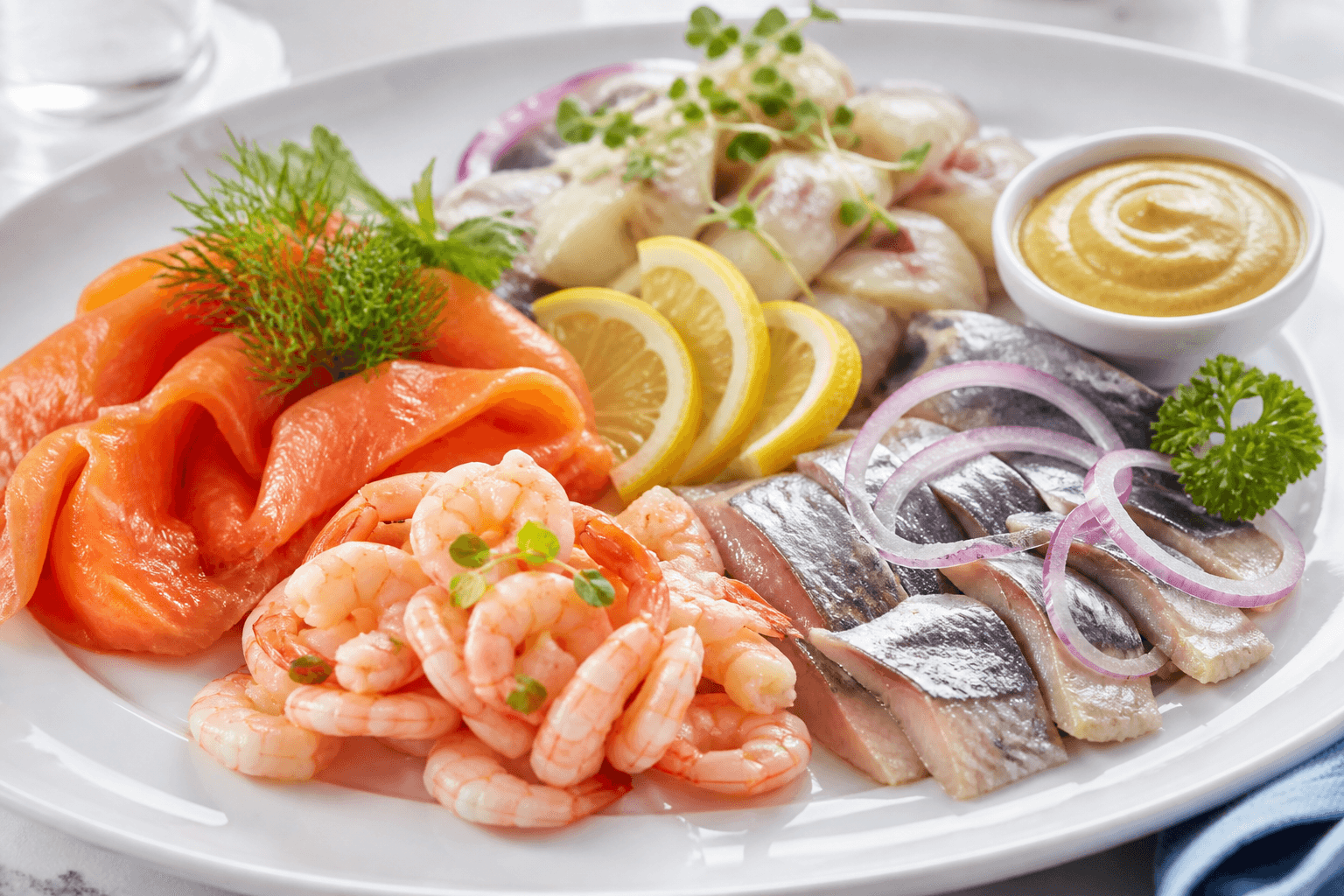Frisch angerichtete Fischplatte mit Lachs, Garnelen und Spezialitäten