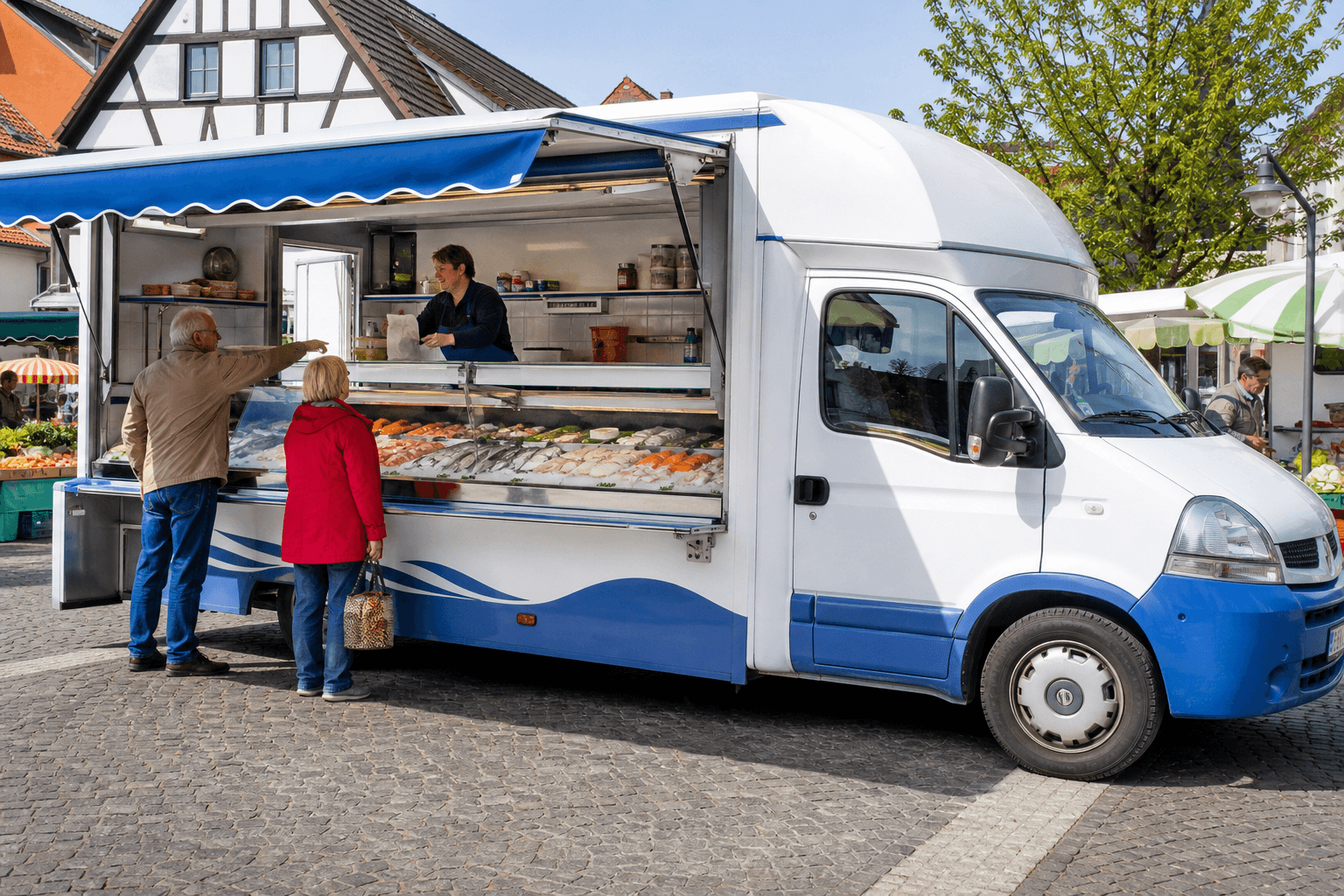 Fischwagen von Fischdelikatessen Effenberger auf dem Wochenmarkt